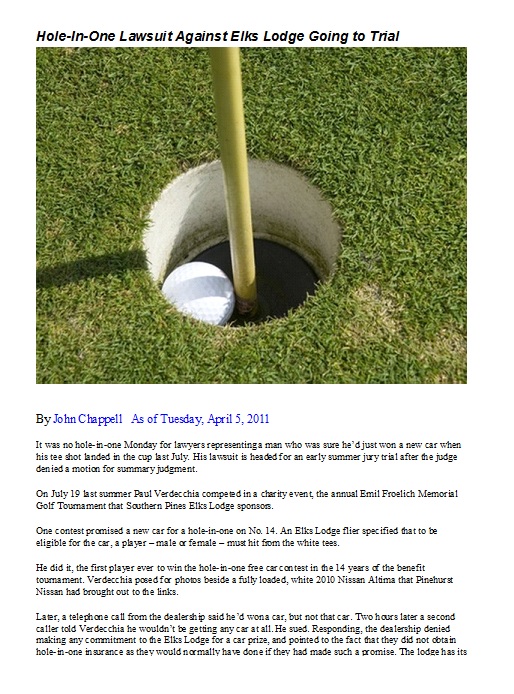 Hole in One Lawsuit Case Pinehurst Golf North Carolina Elks Lodge Did Not purchase Insurance Nissan